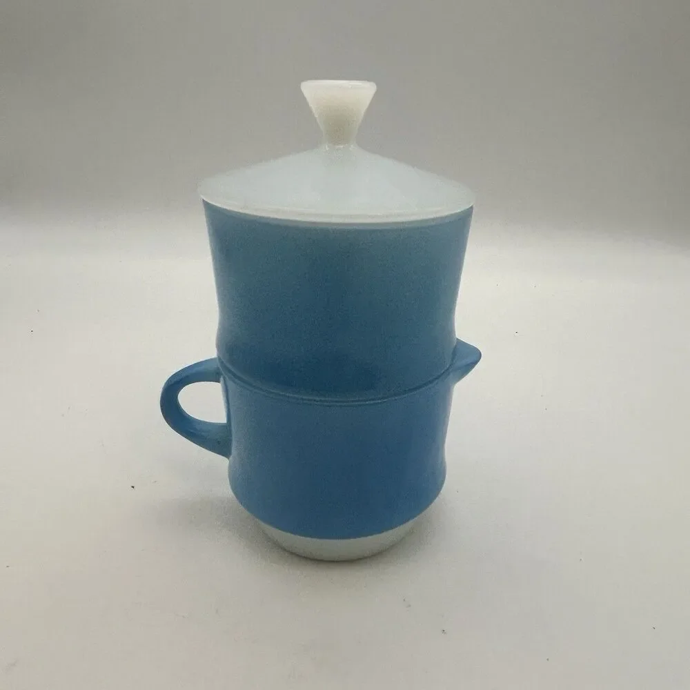 Vintage Fire-King Blue Mosaic Sugar Bowl & Creamer Set w/Lid Milk Glass